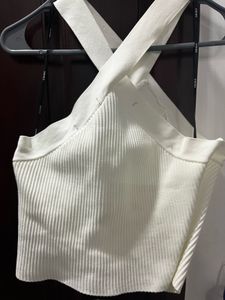 White Crossed Halter Crop Top