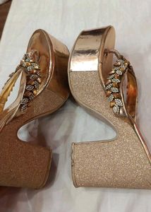 Embellished Rhinestones Metallic Finish Gold Heels