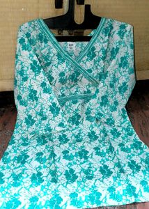 Floral Print Wrap Top - Teal & White