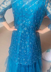 Royal Teal Elegance: Embroidered Layered Gown