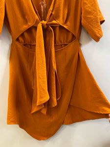 Burnt Orange Front-Tie Tunic Dress
