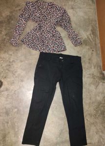 Combo Of Floral Top &amp; Black Pants Set