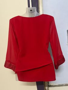 Cottinfab Branded Red Sequence Plus Size Top
