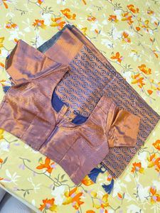 Navy Blue &amp; Gold Copper Mix Sari With Blouse