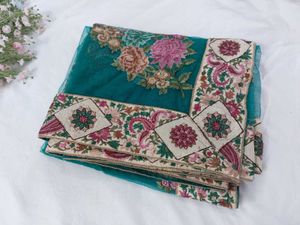 Floral-Paisley Embroidered Teal Green Net Saree
