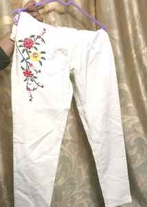 Floral Embroidered White Jeans