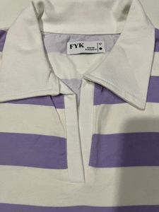 Lavender And White Strip Crop Polo Top