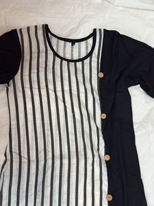 Striped Black And White Kurta with Button Design