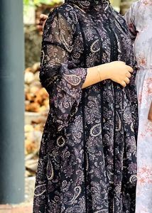 Black Printed Anarkali With Shawl