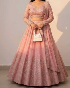 ✨ Elegant Peach Pink Heavy Embroidered Lehenga – F