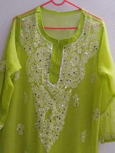Parrot Green Chikenkari Kurta With Shameez