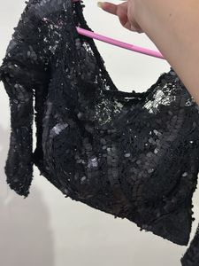 Sequin Embellished Black Crop Off shoulder Top