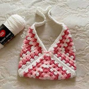 Handmade Crochet Tote Bag - Pink &amp; White