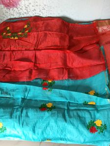 Blue With Red Floral Design ChanderiCotton Saree