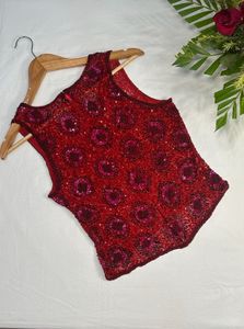 Red Sequin Beaded Sleeveless Top