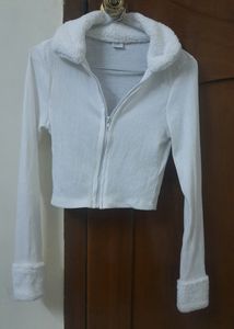 White Crop Soft Fur Jacket