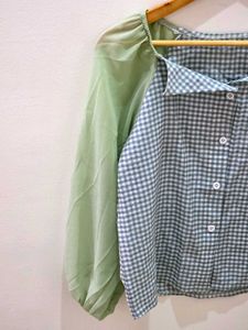 Charming Gingham &amp; Sheer Sleeve Blouse