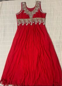 Red Flared Gown/Dress With Heavy Embroidery