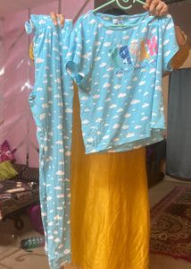 Cute Sky Blue Bow Embedded Happy Night Suit/lounge