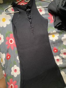 Black Ribbed Lace-Up Bodycon Dress