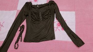 Brown Lace Trimmed Long Sleeve Top