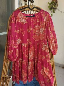 Pink Floral Flowy Dress With Full Sleeves