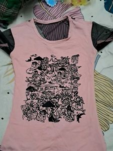 Pink Graphic Tee with Mesh Sleeves