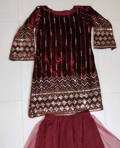 Elegant Maroon Velvet Embellished With Net Plazo