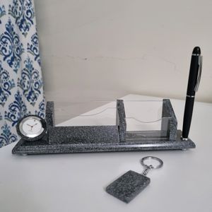 Granite Desk Organizer With Clock &amp; Pen Holder With Keychain