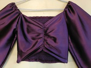 Purple Satin Ruched Crop Top