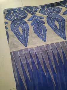 Beautiful Navy Blue And Beige Net Cotton Saree