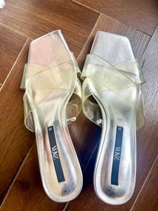 Zara Silver &amp; Clear Slide Sandals