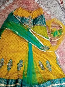 Yellow+bottle Green Lehenga choli/ Half Saree