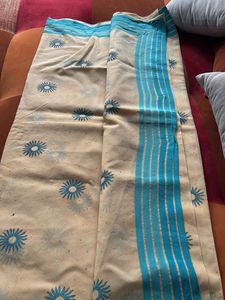 Cream Blue Mukesh Work Saree