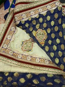 Off White Blue Heavy Saree Women