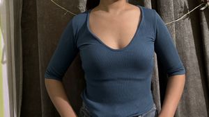 Blue Ribbed V-Neck Top