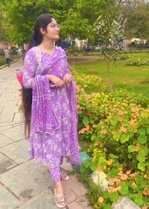 Lavender Floral Print Anarkali Suit