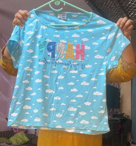 Cute Sky Blue Bow Embedded Happy Night Suit/lounge