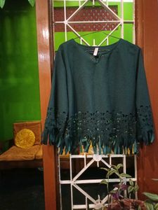 Green Fringe Detail Long Sleeve Top