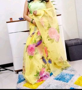 Lemon Yellow Digital Print Organza Saree