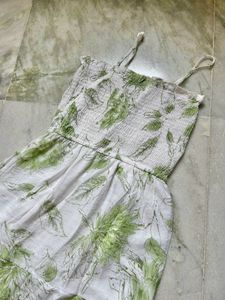 White And Green Printed Cotton Tied Dress