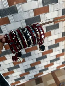 Maroon Black Mirror Work Woollen Bangals
