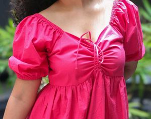 Pink Midi Sundress with Puff Sleeves