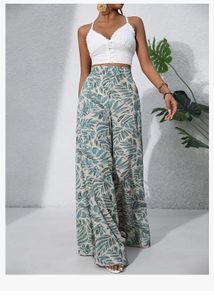 Tropical Print Wide Leg Pants