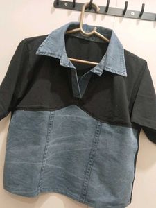 Imported Crop Two-Tone Denim &amp; Knit T