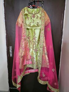 Green &amp; Pink Embroidered Lehenga , ready to wear