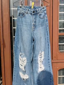 Blue Ribbed Wide Leg Jeans