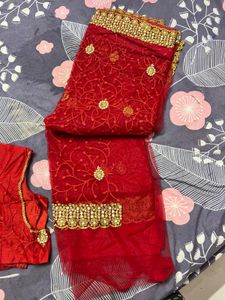 Red Embroidered Saree with Blouse