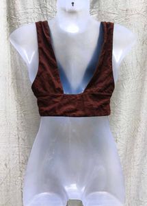 43156. Brown V-Neck Crop Top