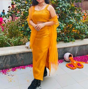 Designer Haldi Outfit Slit Skirt With Shrug